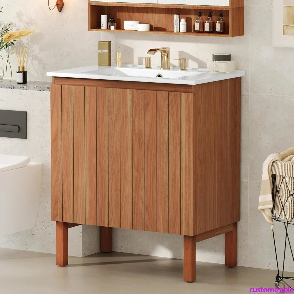 Bathroom Vanity with Sink and Wooden Organizer featuring Adjustable Shelves and Soft-Close Doors