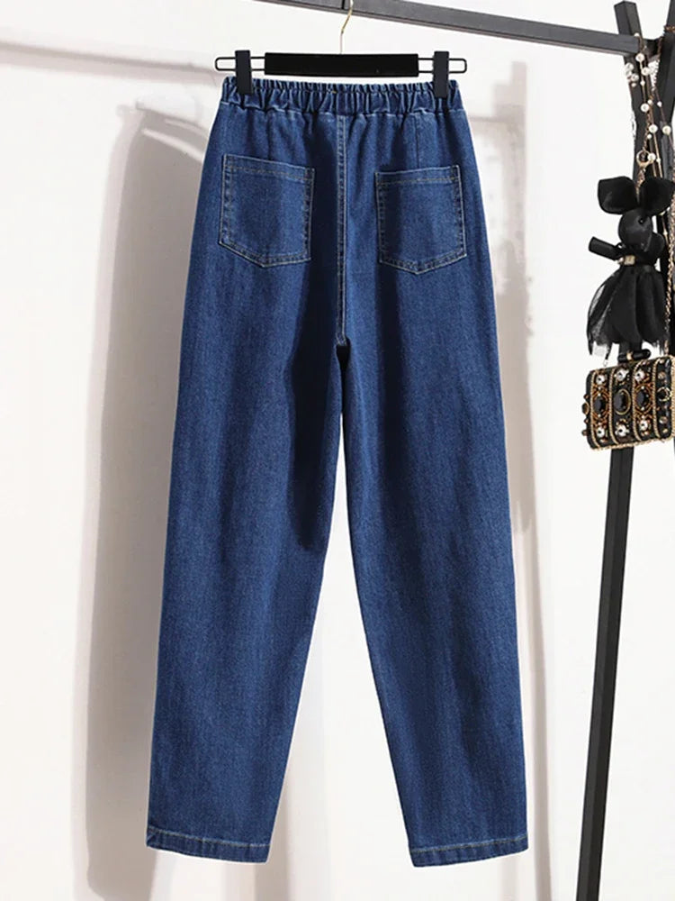 New 2024 Autumn Plus Size Jeans For Women High Elastic Waist Loose Blue Black Color Jeans Trousers Korean Fashion Casual Pants