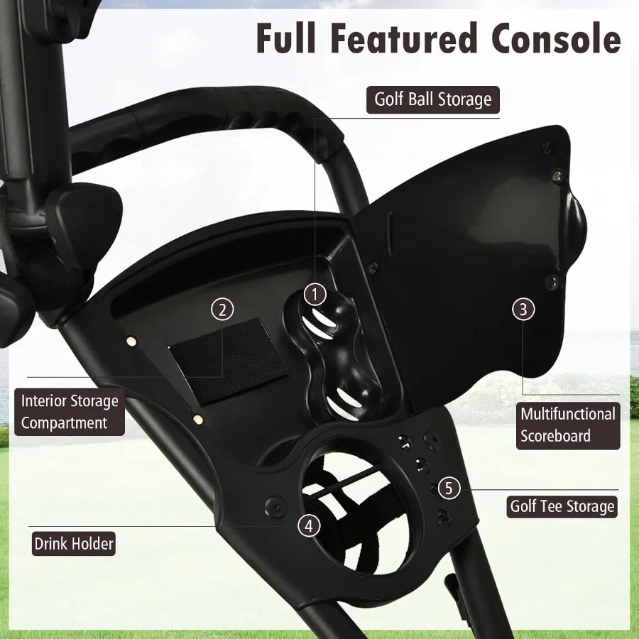 3 Wheel Golf Push Cart with Aluminum Frame for Easy Transport and Storage Features Elastic Strap Umbrella Holder Cup Holder Sco