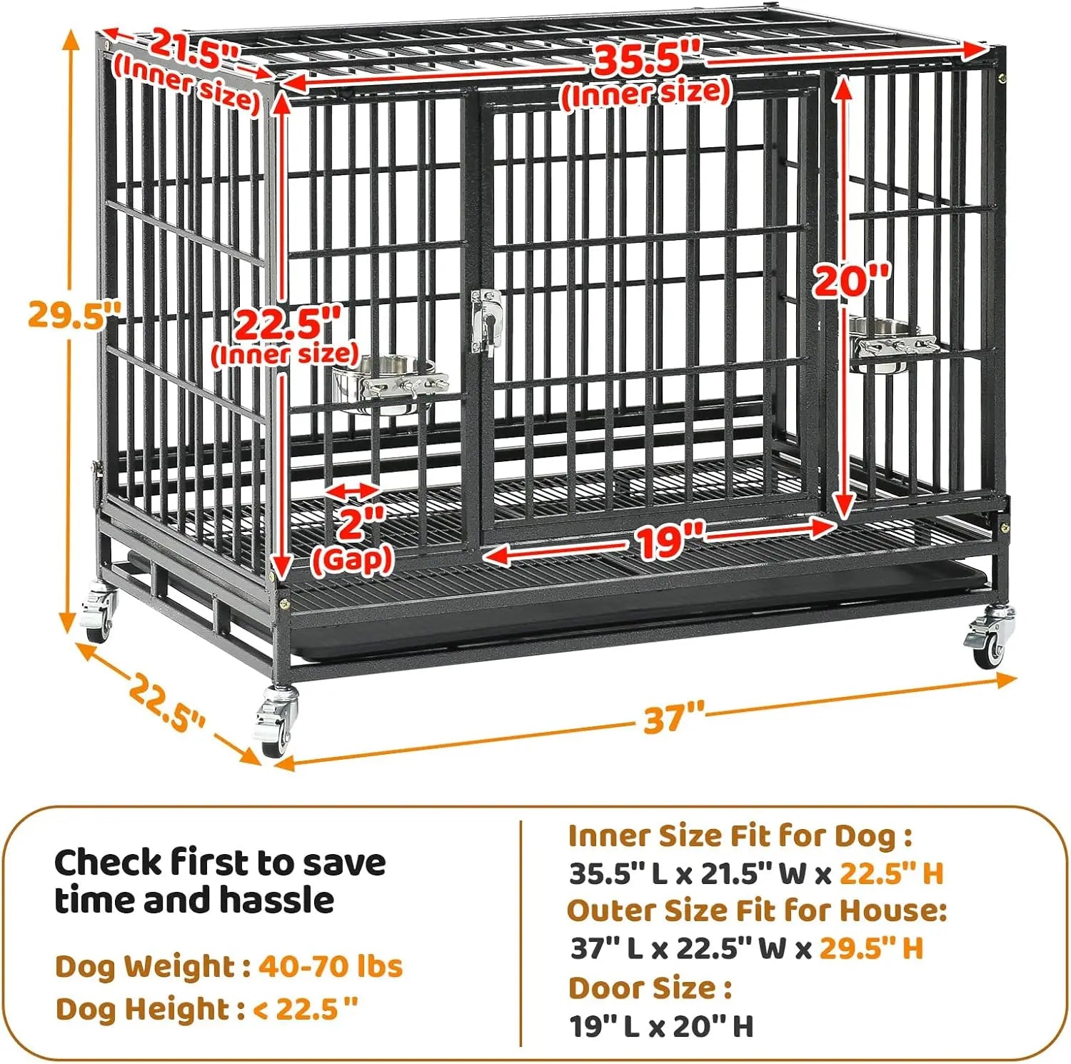 37 Inch Heavy Duty Stackable Dog Crate with Wheels, Escape-Proof Lock, Removable Tray for Medium/Small Dogs