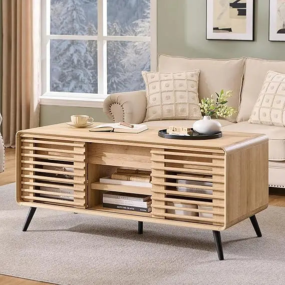 48 Lift top Coffee Table, mid Century Modern Coffee Table with Slatted Sliding Door, Hidden Storage Compartment, 4 Stor