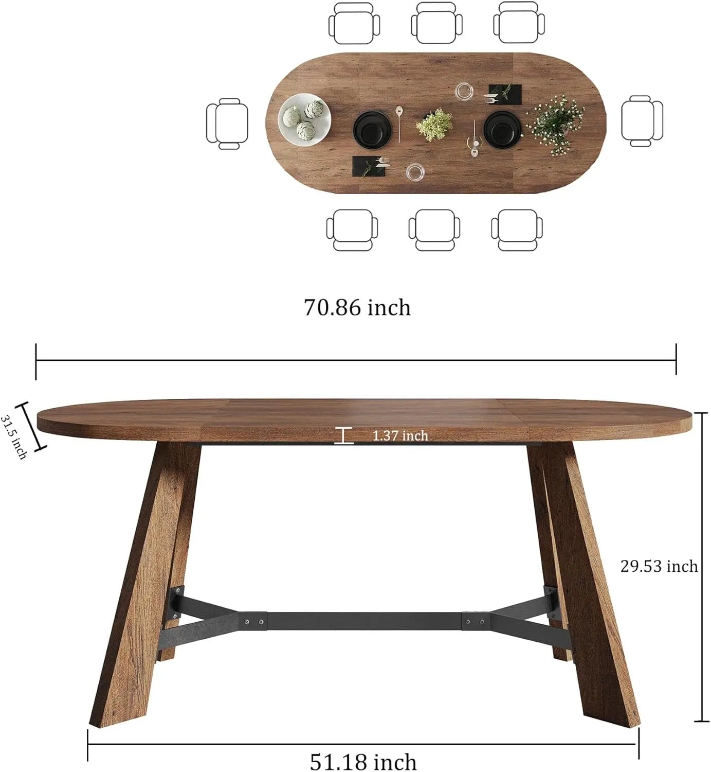 70.86in Rustic Oval Dining Table for 6-8 Person Farmhouse Wood Kitchen Table with Sturdy Tapered Legs for Gathering Meeting Home