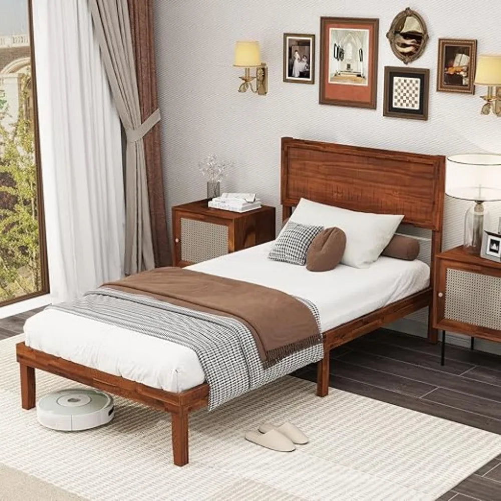 Wood Bed Frame with Headboard,Solid Acacia Platform Bed Frame,Slats Supported Bed Base with Under-Bed Storage Space,Customized