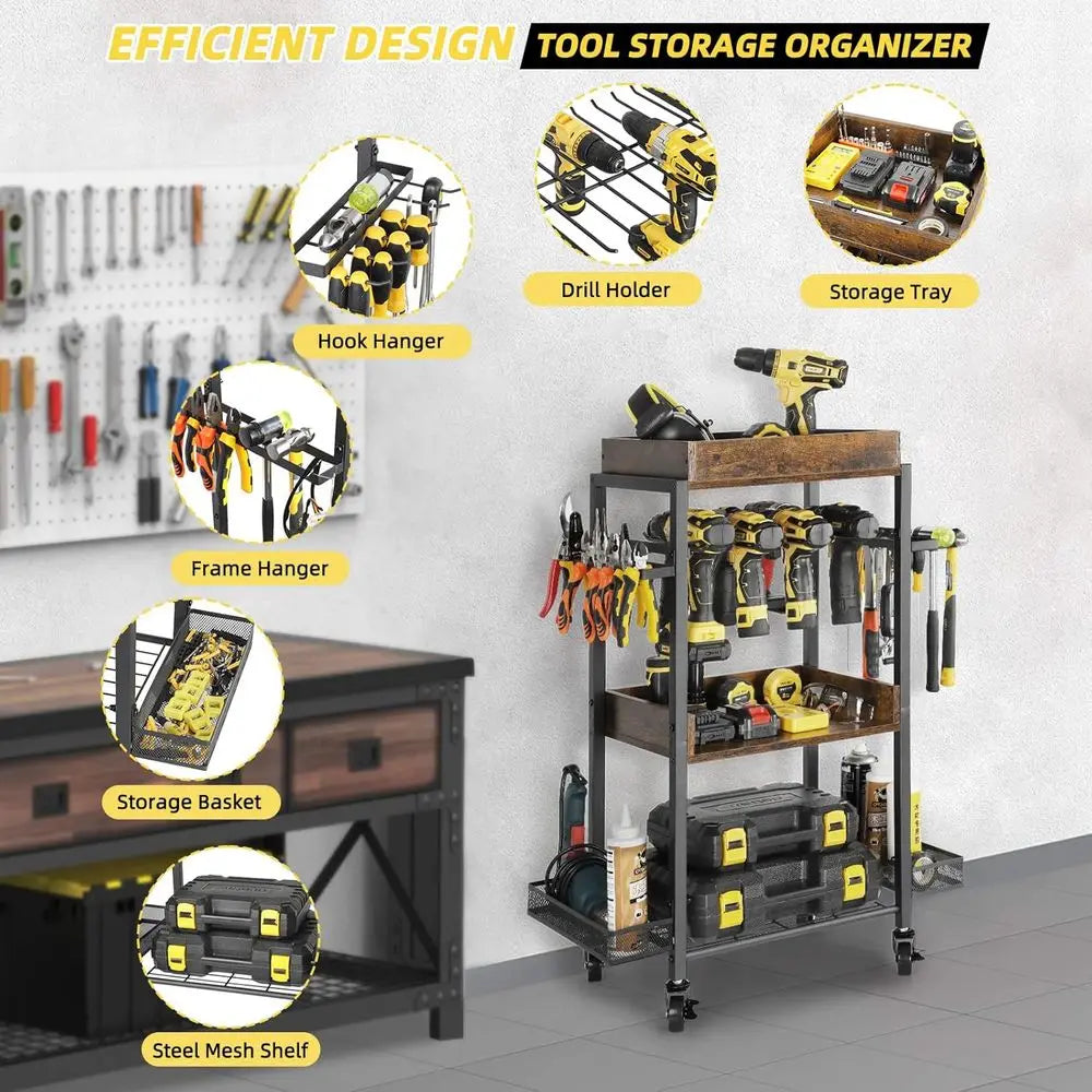 Olakee Power Tool Organizer Garage Storage Organization Shelving Tool Holder Drill Rack Shelf Rolling Cart Open Tool Chest Cabin