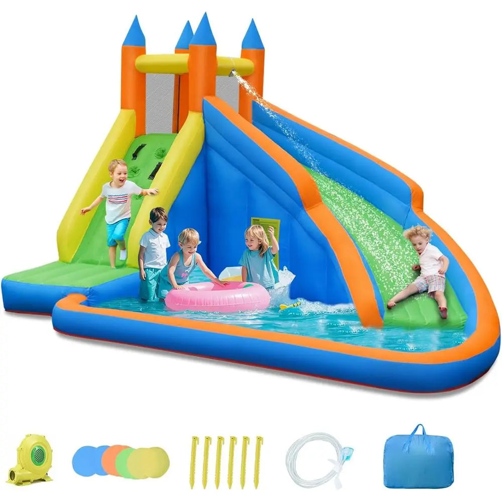 Iatable Water Slide, Kids Bounce House with Slide Climbing Wall Splash Pool, Outdoor Jumping Castle Iatable Obstacle Cou