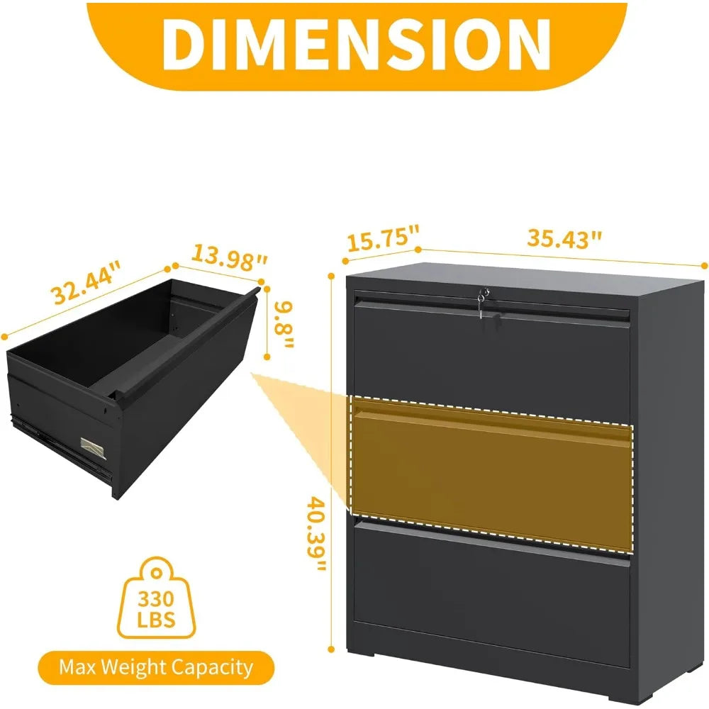 File Cabinet with Lock, 3 Drawer Lateral Filing Cabinet for Home Office, Black Metal Heavy Duty File Cabinets for Hanging Letter