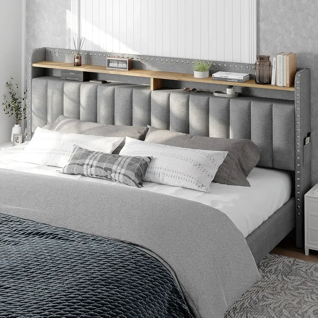 King Size Bed Frame, Upholstered King Bed Frame with 2 Storage Drawers and 2-Tier Headboard, Vertical Tufted Headboard Design