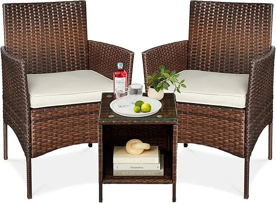 3-Piece Outdoor Wicker Conversation Bistro Set, Space Saving Patio Furniture for Garden w/Side Table - Gray/Navy