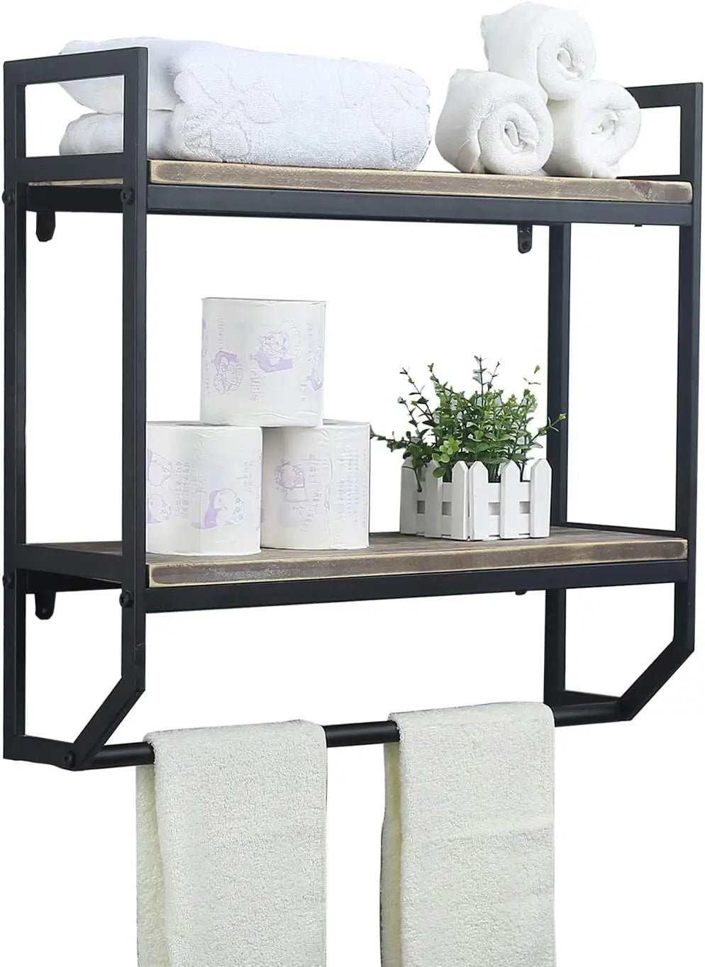 2-Tier Black Towel Rack with Shelves, Wall Mounted Bathroom Storage Over Toilet, Rustic Floating Utility Holder