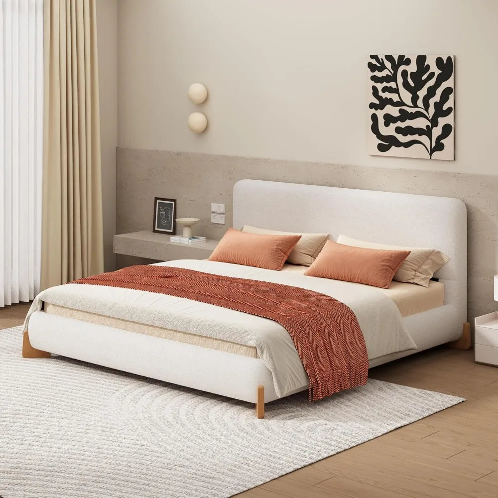 Merax King Bed Frame and Headboard, Boucle Upholstered Bed Platform Bedframe, No Box Spring Required, Noise Free, White