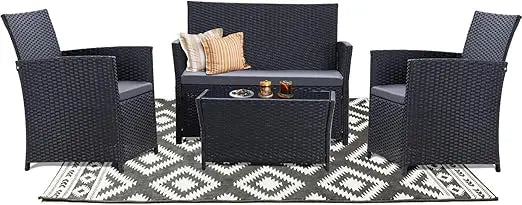 Patio Furniture Set, Outdoor Wicker Conversation Set, Rattan Sectional Sofa Couch with Glass Coffee Table & Thick Cushion