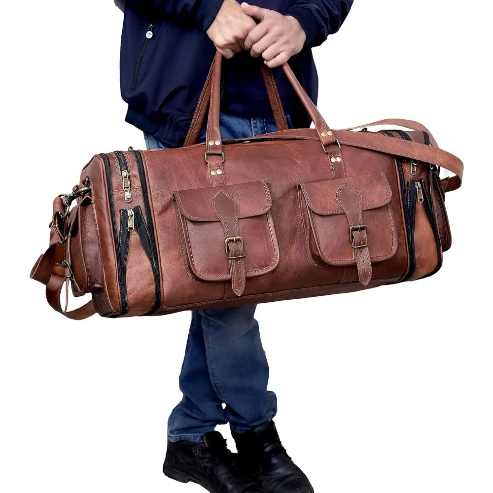 Vintage 24 Inch Genuine Leather Duffle Bag - Handmade Men's Travel Case, Medium Overnight Carry-On Luggage for Weekend Trips