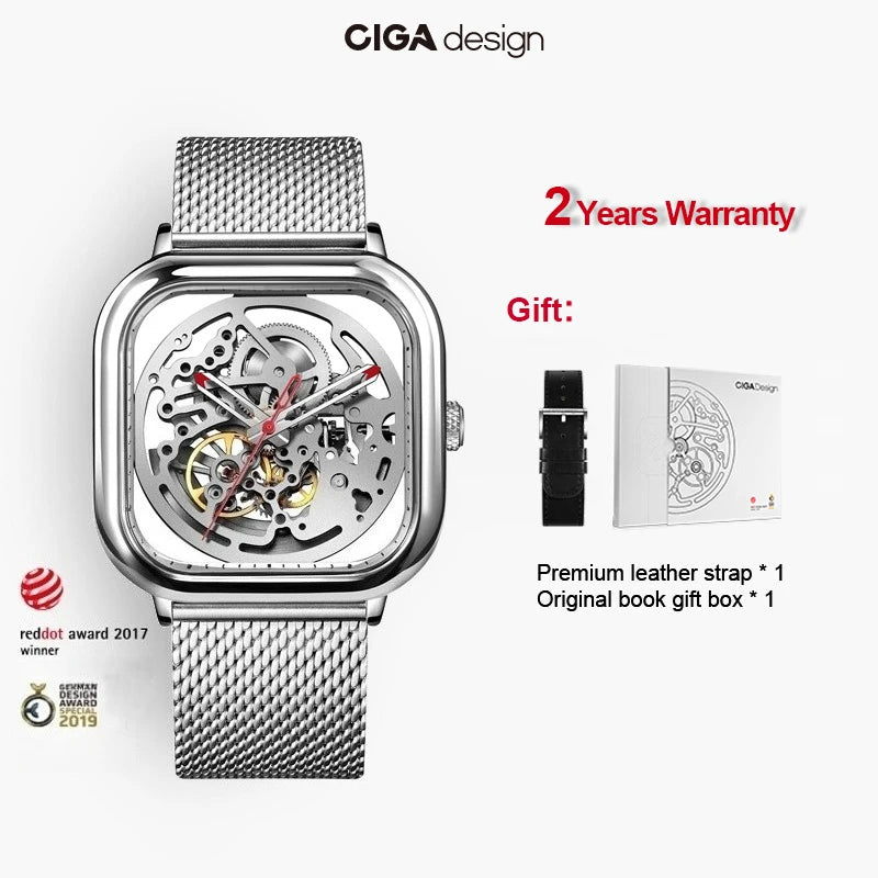 CIGA Design Mechanical Skeleton Watch for Men Women 316L Stainless Steel Square Case Automatic Movement Wrist Watches Timepiece