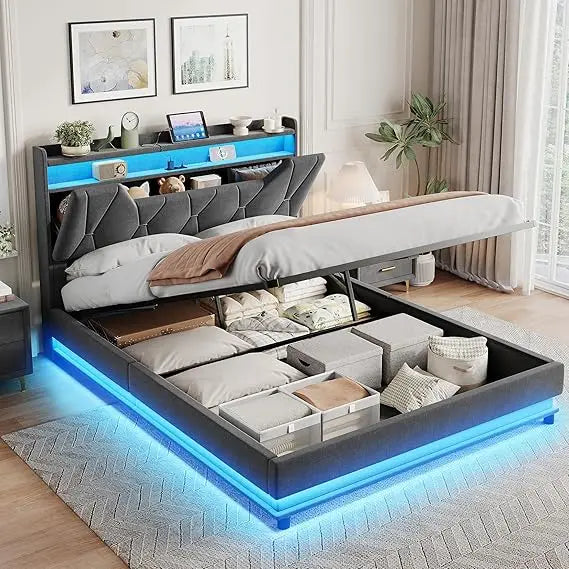Queen Size Lift Storage Bed Frame with Upholstered Headboard, Charging Station, LED Lights, and Platform Design