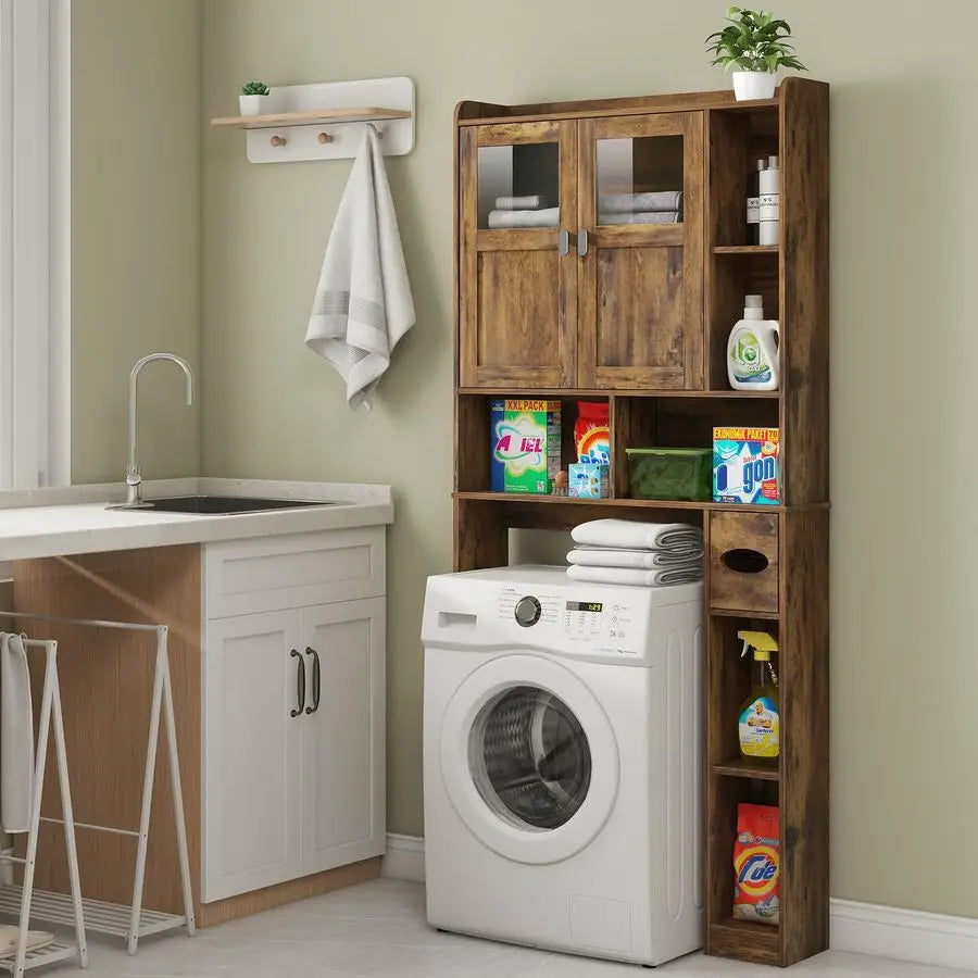 Over The Toilet Storage Cabinet, Bathroom Shelf Over Toilet with Glass Doors and Adjustable Shelves, Brown Freestanding Home Spa