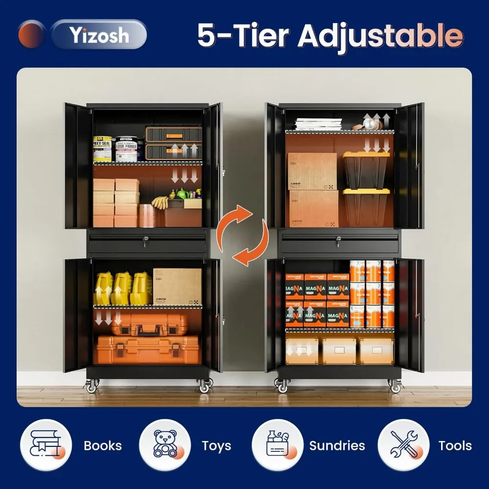 Yizosh Metal Garage Storage Cabinet with Secure Locking Doors and Adjustable Shelves, 73-Inch Rolling Tool Storage Cabinet with