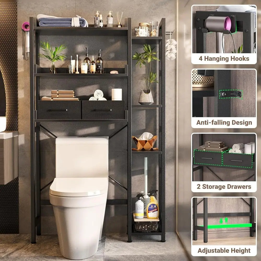 Over The Toilet Storage with 2 Drawers - 7 Tier Bathroom Organizer with Adjustable Shelf, Freestanding Space Saver Storage Rack