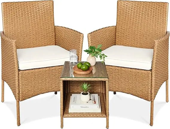 3-Piece Outdoor Wicker Conversation Bistro Set, Space Saving Patio Furniture for Garden w/Side Table - Gray/Navy