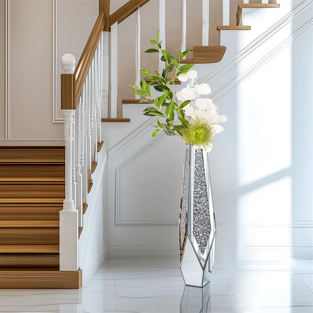 34” Tall Standing Flower Vase Crushed Diamond Mirrored Silver Glass Decorative Flower Vase Corner Vase for Home