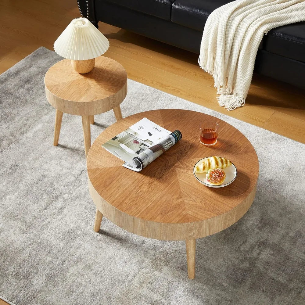 Nesting Round Coffee Table Set of 2, Farmhouse Modern Coffee Table, Natural Wood Nesting Tables Boho Side Table End Table