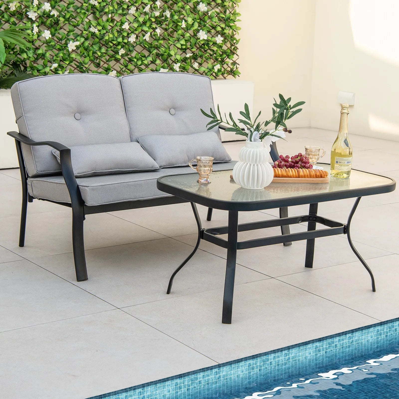 2 PCS Patio Furniture Set Outdoor Loveseat Chair Coffee Table Cushioned Seat