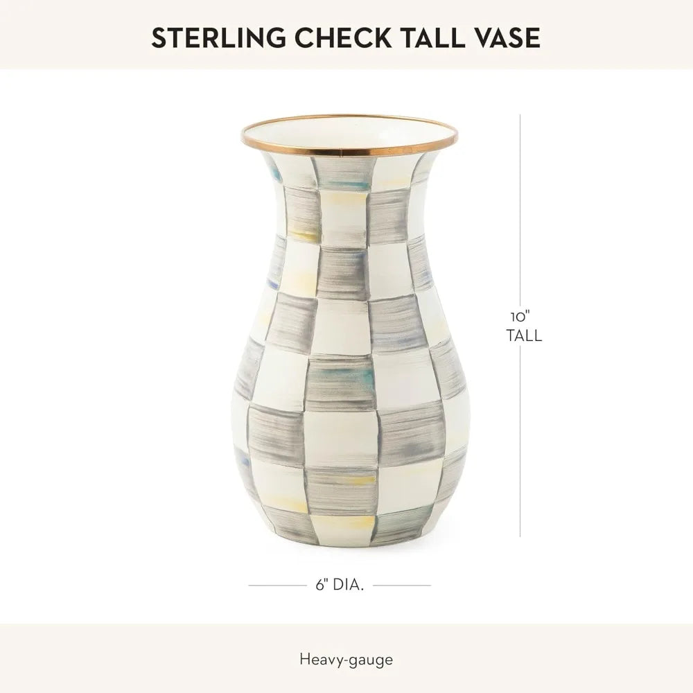 Elegant Tall Enamel Flower Vase, Living Room Decor, Gray & White Checkered Pattern