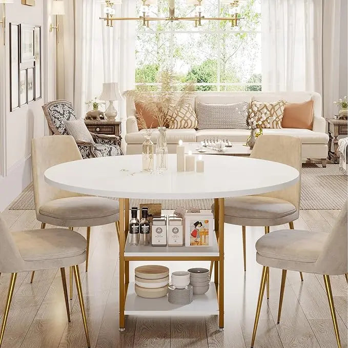 Round 47-Inch Dining Table with Storage for 4 People, Ideal for Kitchen and Dining Room