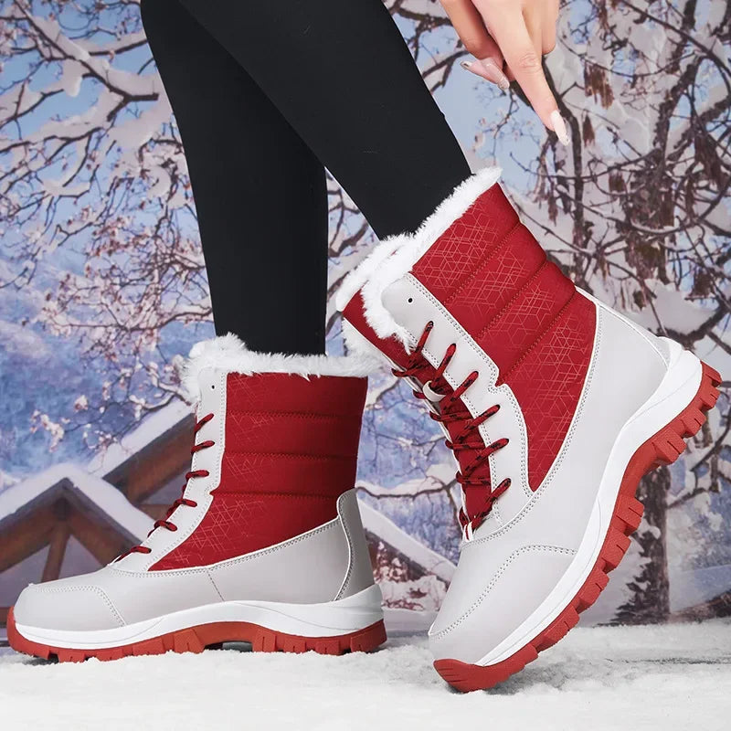 Thickened High-Top Winter Snow Boots Women's Warm Fleece Lined Outdoor Shoes Anti-Slip Rubber Sole Long Hair Design