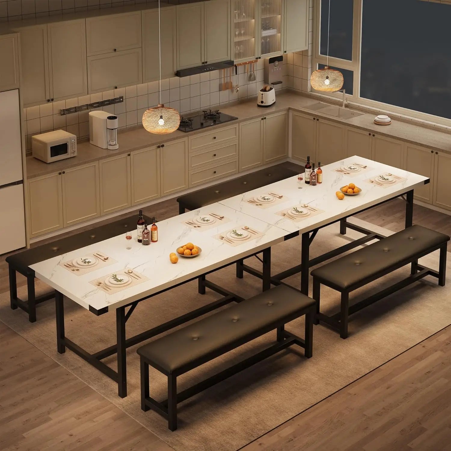 3-Piece Dining Table Set for 4-6 People, Extendable Kitchen Table Set with 2 Upholstered Benches, Dining Room Table, Customized
