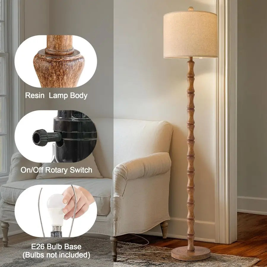 62 Rustic Floor Lamp for Living Room, Retro Farmhouse Floor Lamp Rotary Switch, Resin Standing Lamp for Living Room, Corner, Din