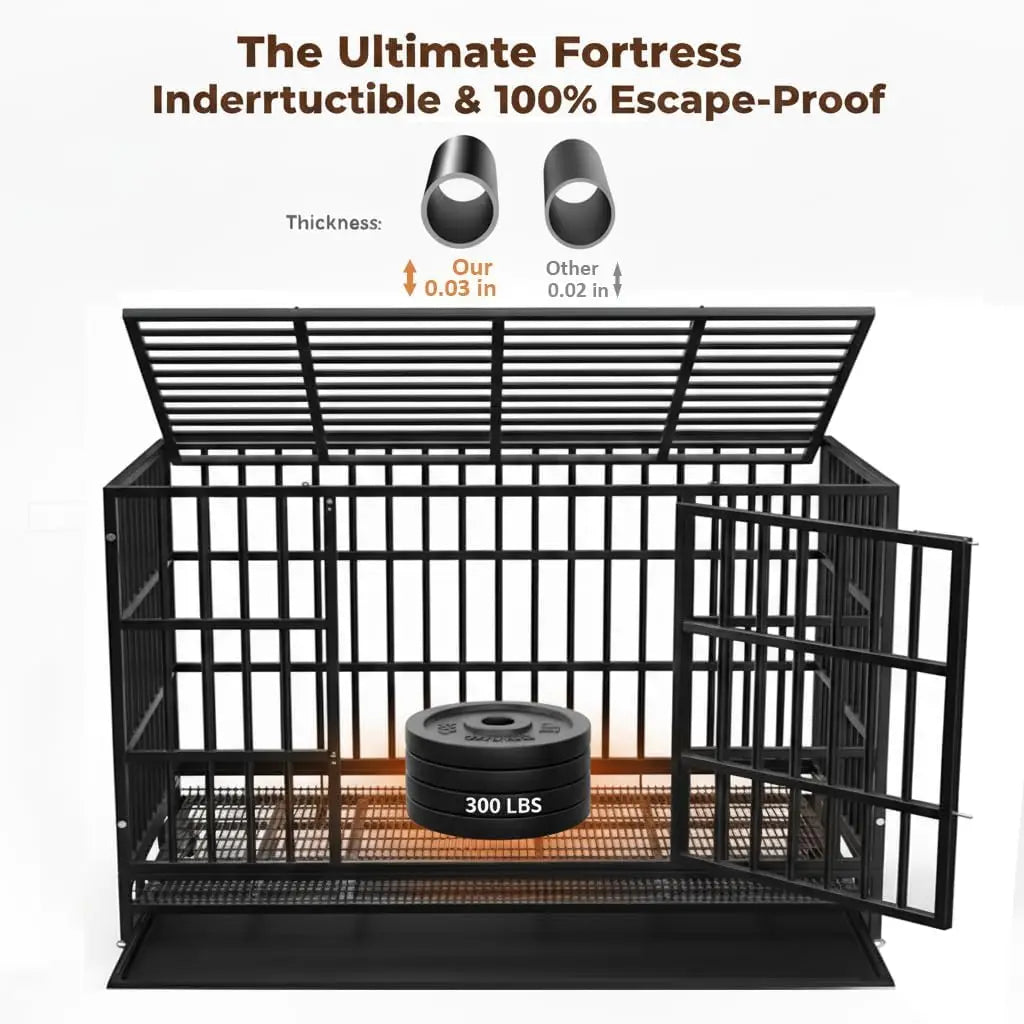Heavy Duty Dog Crate with Wheels, Indestructible Steel Kennel for High Anxiety Dogs, Double Door and Tray, XL XXL