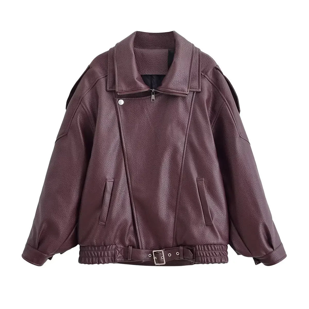 Autumn Faux Leather Jacket For Women Casual Solid Long Sleeve Zipper Pu Leather Coats New Fashion Female Streetwear