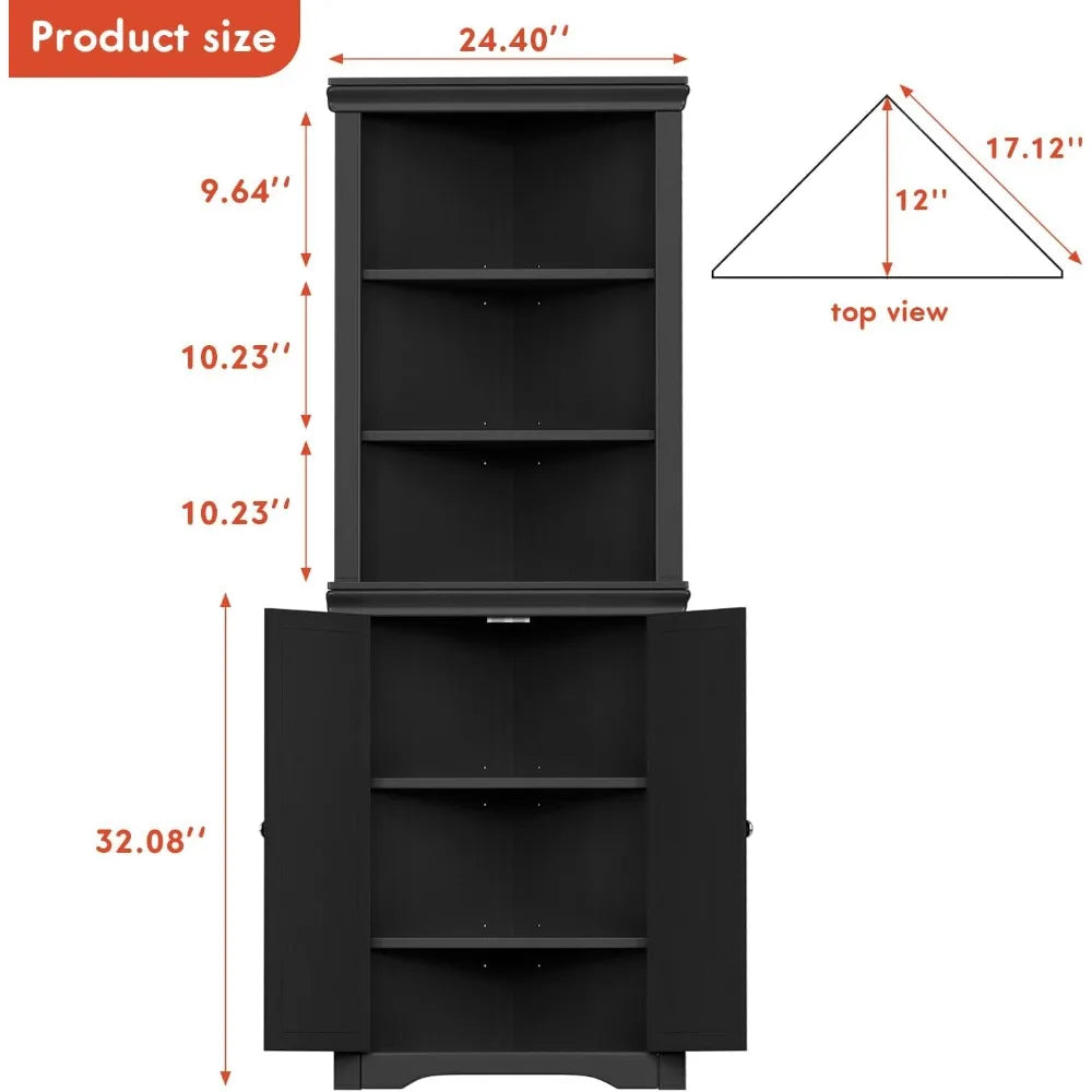 Corner Storage Cabinet with Doors, Adjustable Shelves for Living Room, Bathroom, Kitchen - Dark Black