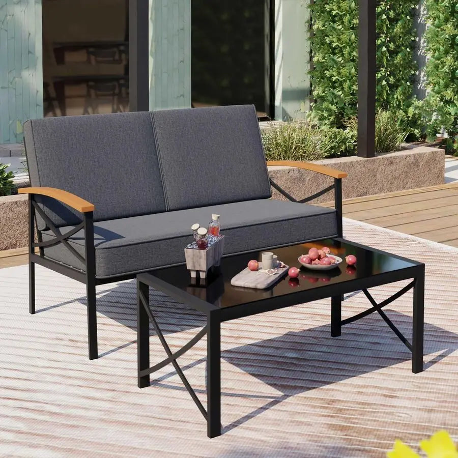 2 Pcs Patio Conversation Set with Coffee Table,Metal Outdoor Patio Furniture Set with Washable Thick Cushions,Loveseat, Patio Se