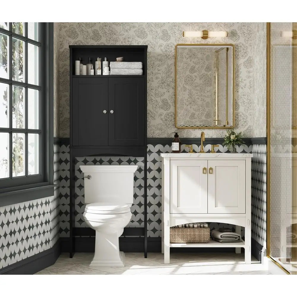 Black Over Toilet Storage Cabinet with Adjustable Shelf and Double Doors for Bathroom Organization