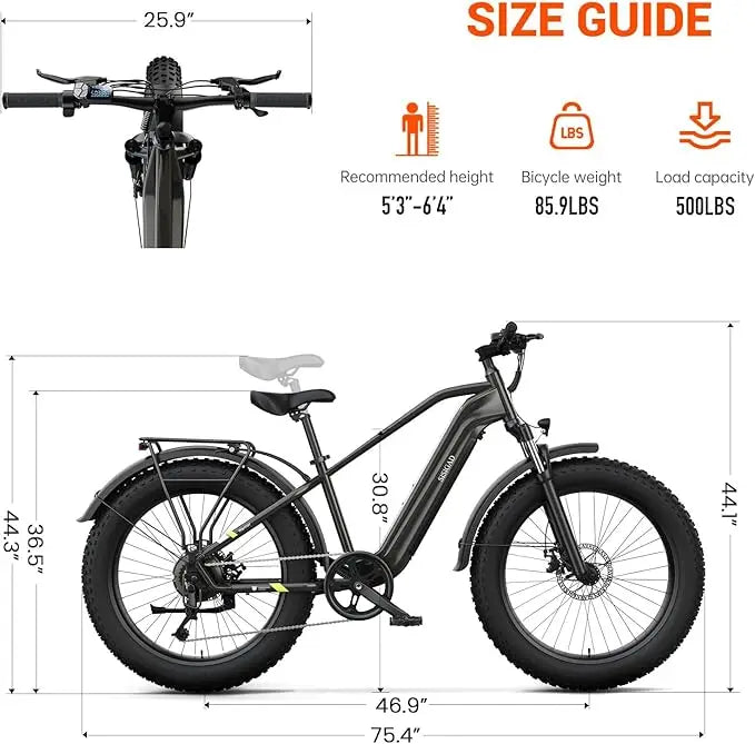 SISIGAD F618 Electric Bike 1500W, 32MPH, 50-mile range, 48V 15Ah battery, 26" fat tires, 7Speed Shock Absorber.
