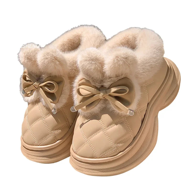 Sweet Bowknot Furry Indoor Slippers Women 2025 Winter Soft Thick Bottom Fluffy Fur Home Slippers Warm Plush Platform Slides