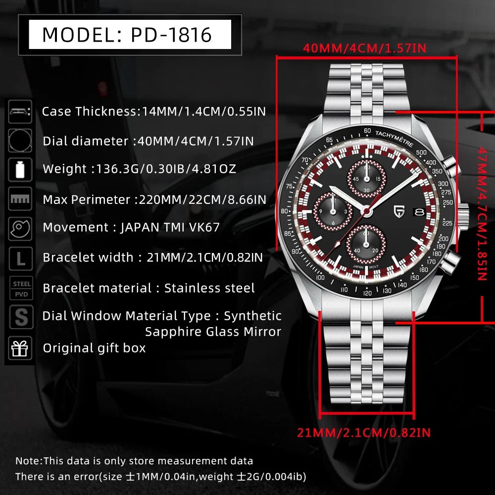 PAGANI DESIGN Brand 500 Speedometer circle Men watch Quartz Waterproof Japan Movt Chronograph Sapphire Luminous Date Steel Watch