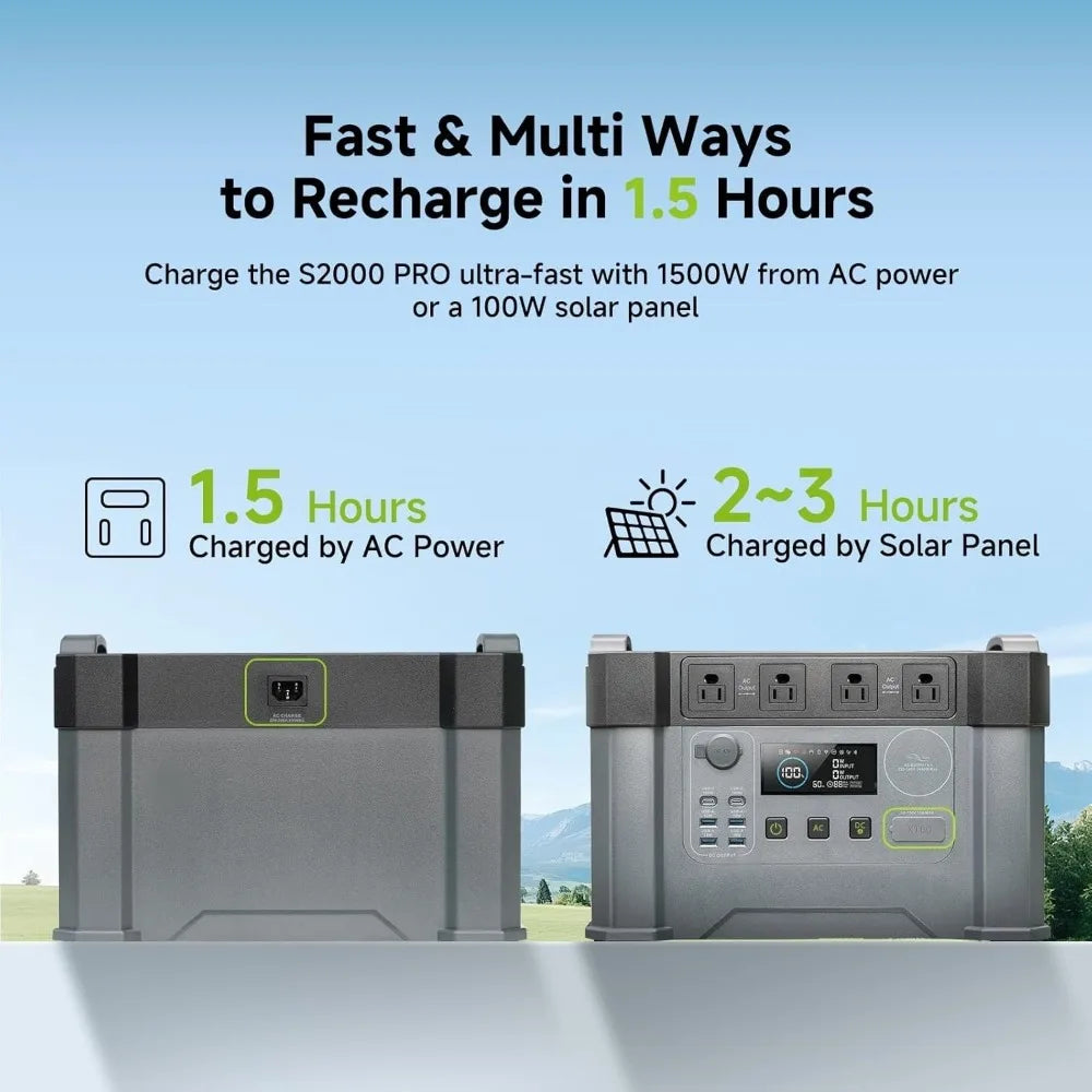 2000w Portable Power Station, 1500Wh MPPT Battery Backup, S2000 Solar Generator with 4 AC Outlets(Peak 4000w), Solar Power