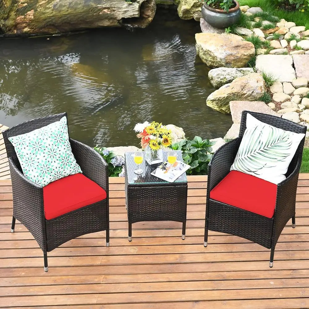 Red Outdoor Wicker Patio Furniture Set with Cushions, Tempered Glass Table for Backyard and Balcony