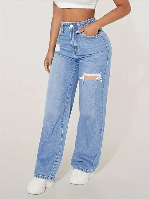 2025 Pants Women's Jeans New Y2K Washed Blue Straight Loose Fit High Waist Hole Trousers Fashion Personality To Do Old Denim