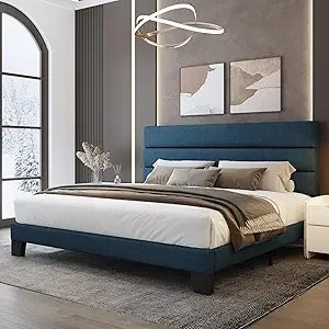 WEEWAY King Bed Frame Platform Bed with Velvet Upholstered Headboard and Wooden Slats Support, Heavy Duty Mattress Foundation, N
