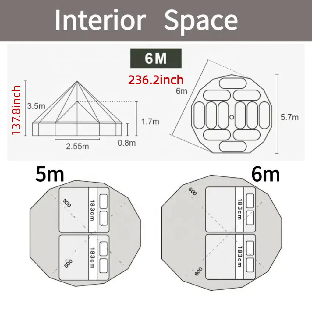 6M Extra-Large Yurt Tent – 4-Season, 5-8 Person, 3000mm Waterproof Cotton, 38mm Steel Poles – Spacious Glamping (47kg)
