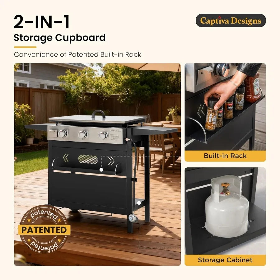 27 in Flat Top Griddle Grill with Ceramic Coated Cast Iron Pan 3-Burner Propane Gas Griddle Grill 33 000 BTU Output for Outdoor