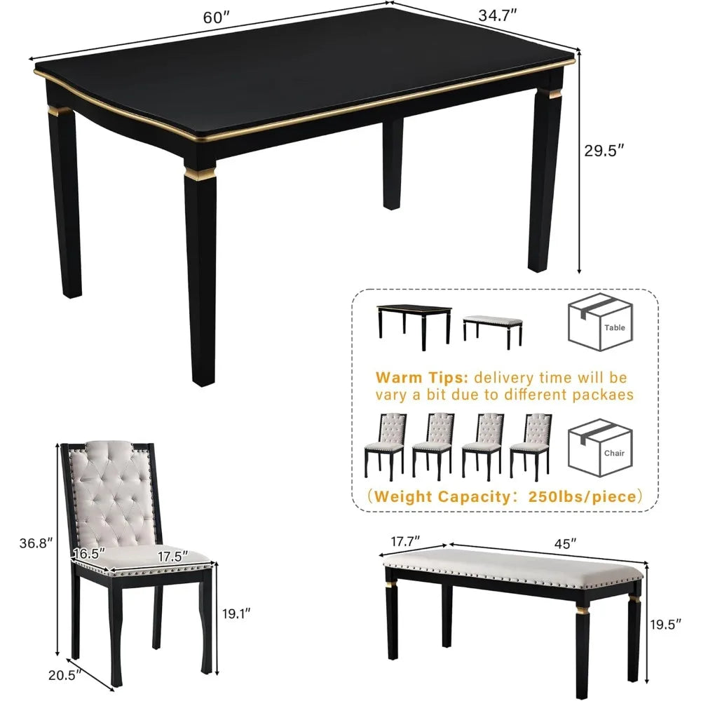 harper & bright designs 6-piece kitchen dining table chairs set, 60" rectangular table and 4 high-back tufted chairs & 1 bench f