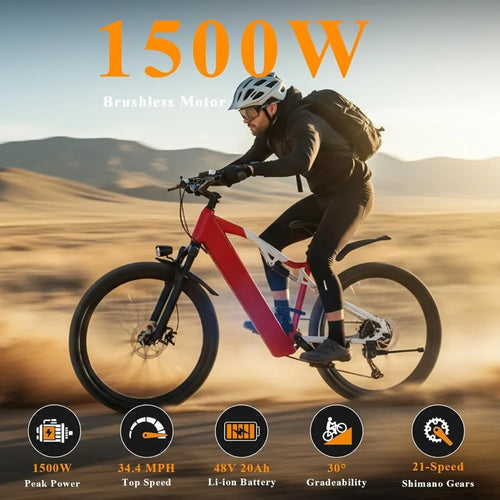 26" Electric Bike for Adult, Peak 1500W Brushless Motor Mountain E Bike, 34.4MPH Top Speed Ebike, 21 Speed, Up to 40 Miles