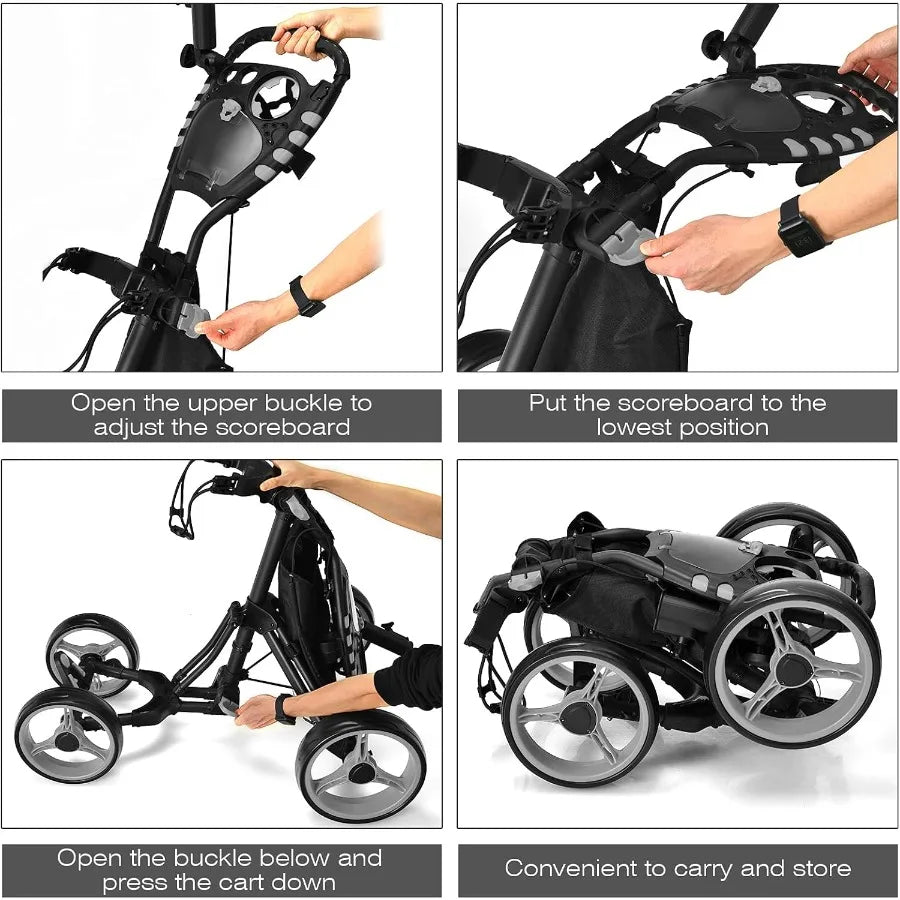 Height Adjustable Portable Golf Push Cart with Umbrella Holder Waterproof Bag Builtin Cooler Foot Brake for Easy Transport and