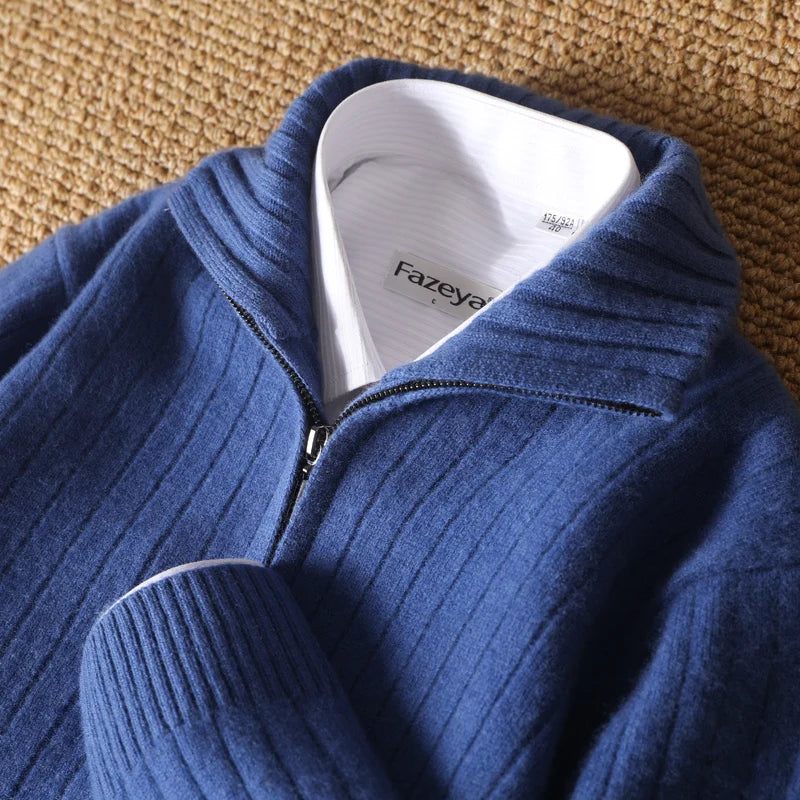 Men 100% Merino Wool Stand-Up Collar Cardigan Casual Knit Business Zipper Coat Autumn Winter Versatile Warm Men Cashmere Jacket