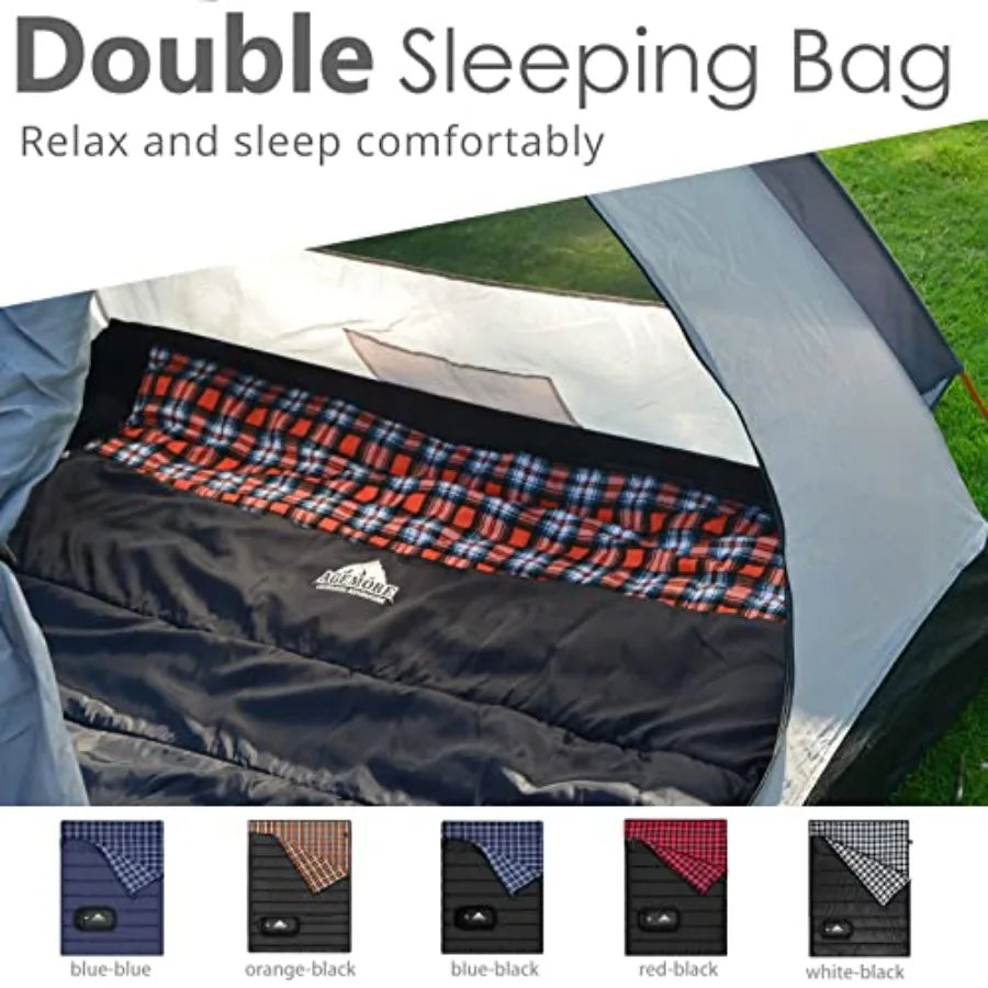 Cotton Flannel Double Sleeping Bag for Camping Backpacking or Hiking: Queen Size 2 Person Waterproof Sleeping Bag for Adults or