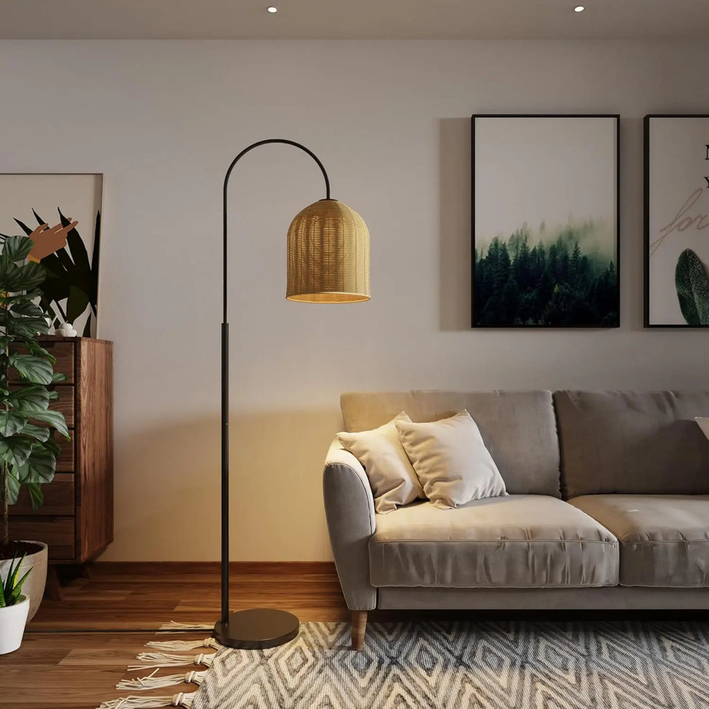 66in Boho Floor Lamp with Rattan Shade, Rustic Arc Standing Lamp for Coastal or Bohemian Decor - Coastal-Black